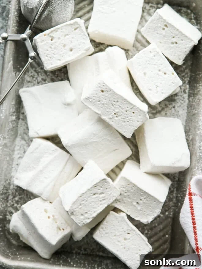 closeup of homemade vanilla marshmallows on a pan