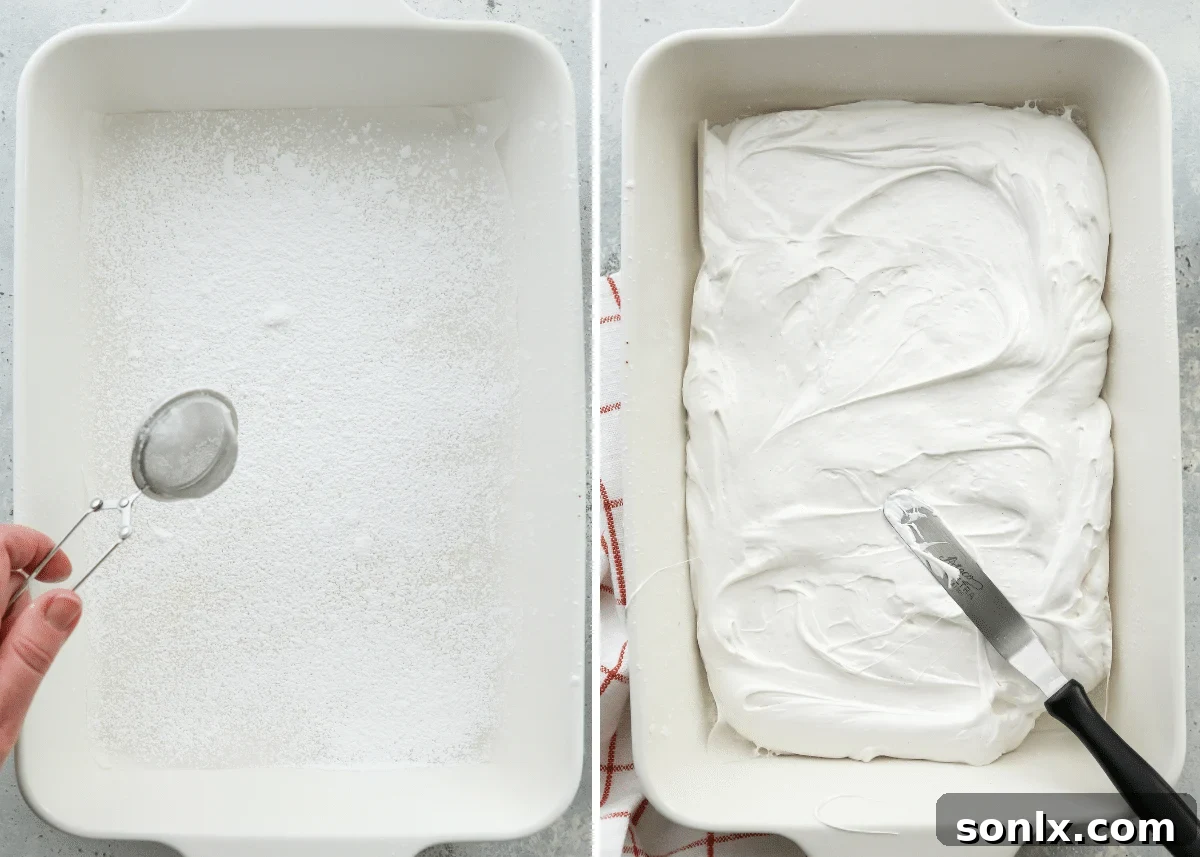 prepping dish and spreading marshmallow mixture in it