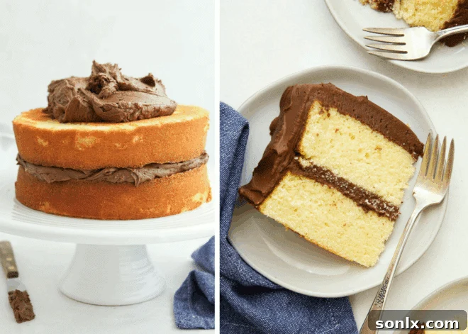 Yellow cake assembly and sliced serving on a plate, showcasing moist cake.