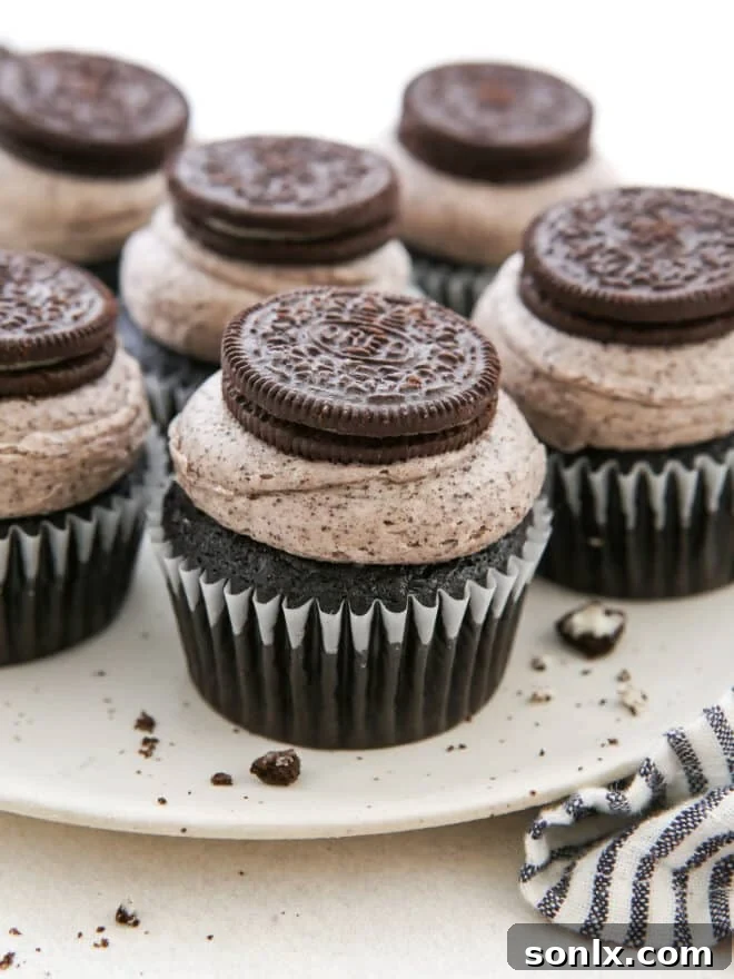 Oreo cupcakes on a platter for serving
