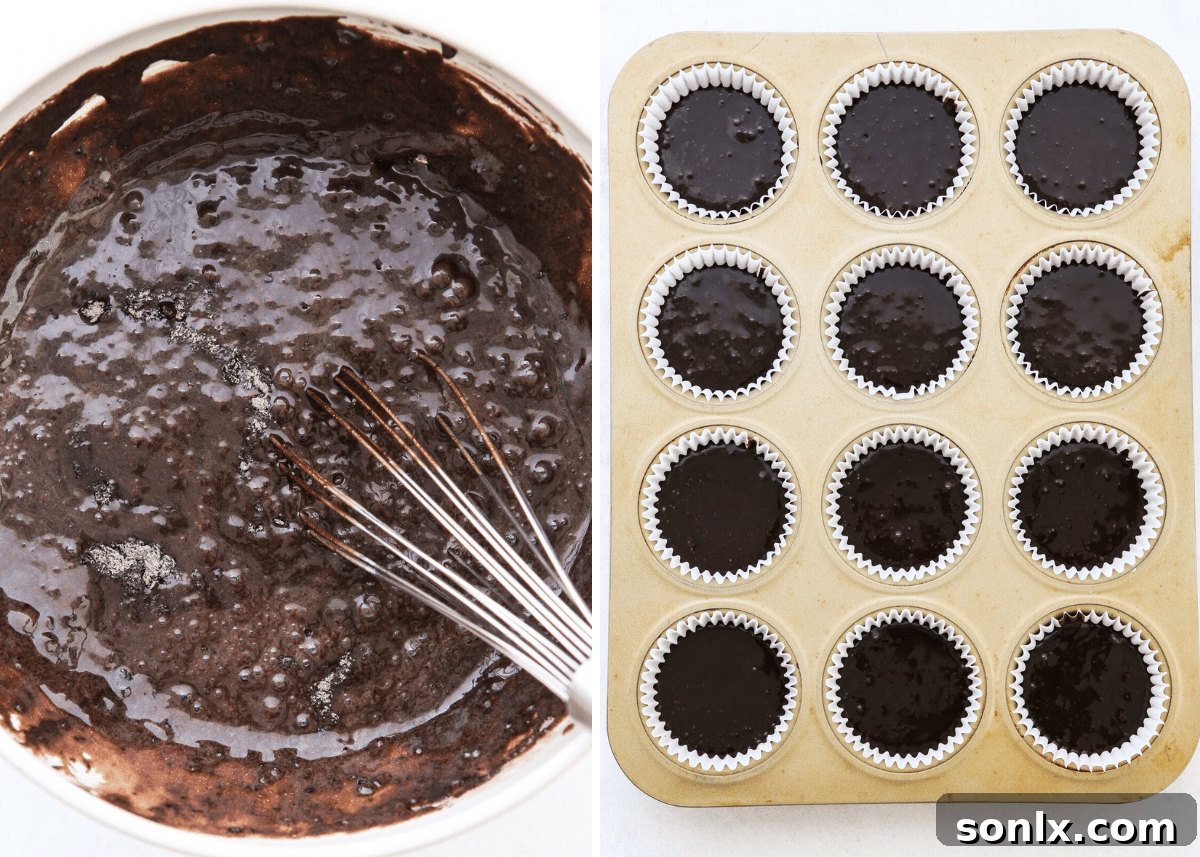 making cupcake batter and filled muffin pan
