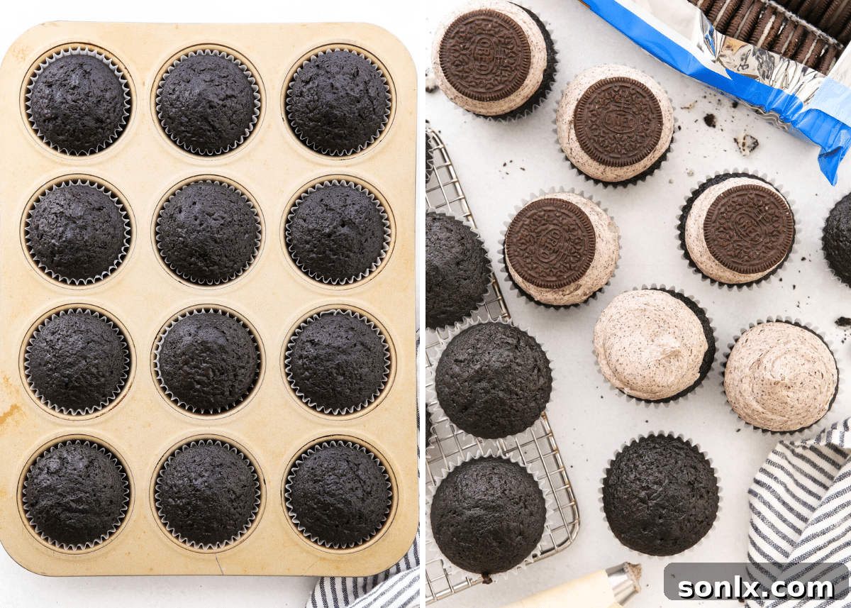 baked cupcakes and frosting them with creamy Oreo frosting