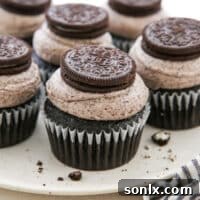 Oreo cupcakes on a platter for serving