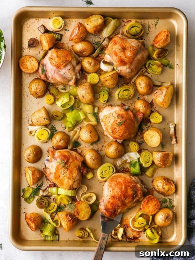 golden roasted chicken and potatoes on a single sheet pan, ready to serve