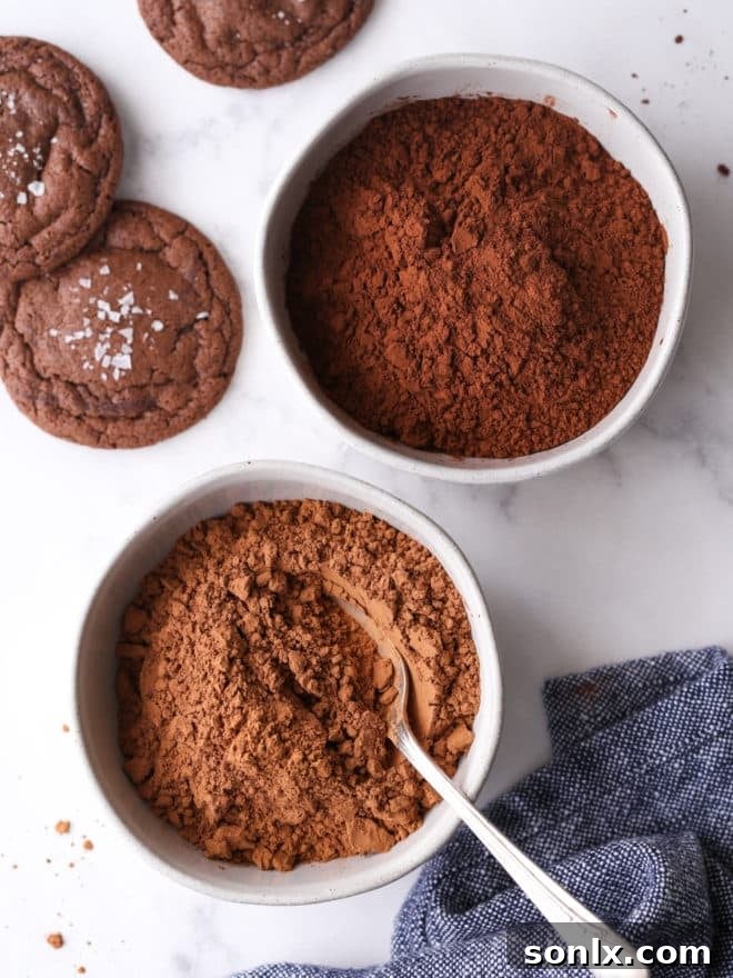 Side-by-side bowls of unsweetened natural cocoa powder and Dutch-process cocoa powder, with chocolate cookies artfully arranged nearby.