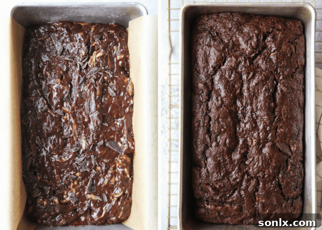 A visual comparison showing the unbaked chocolate zucchini bread batter in a loaf pan next to a perfectly golden-brown baked loaf of chocolate zucchini bread.