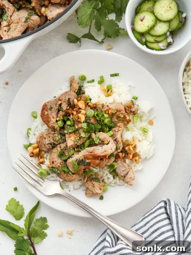 plate with rice and thai lemongrass pork