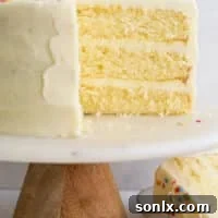 Vanilla layer cake frosted on cake stand
