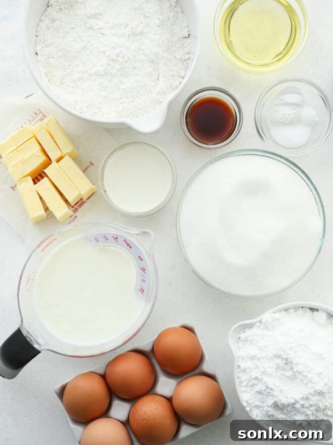 All vanilla layer cake ingredients measured out and ready for mixing