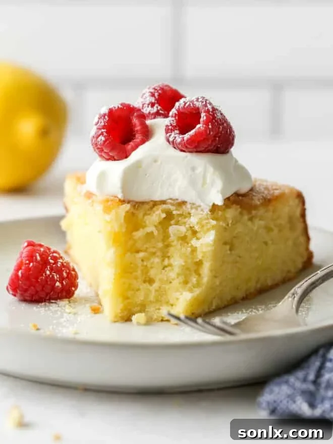 A tantalizing slice of lemon olive oil cake, showing its moist, tender crumb with a bite taken out, emphasizing its appealing texture.