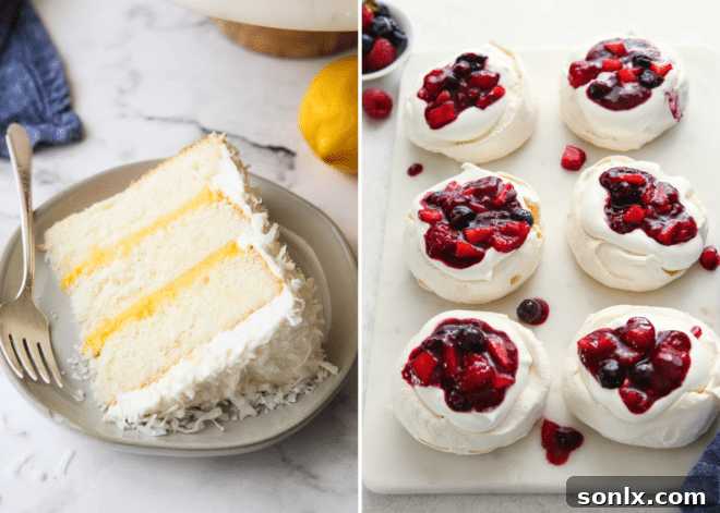 A delectable slice of lemon coconut cake alongside a pan of mixed berry pavlovas, showcasing exquisite desserts made with care.