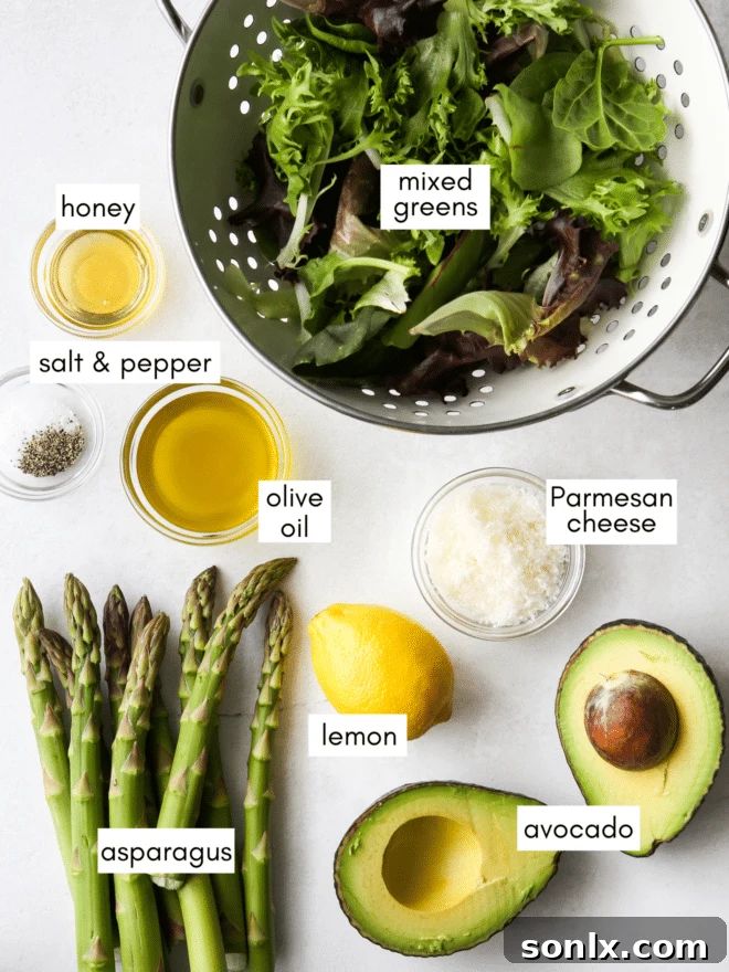 Assortment of fresh ingredients for the salad, including asparagus, avocado, lemons, and Parmesan cheese.