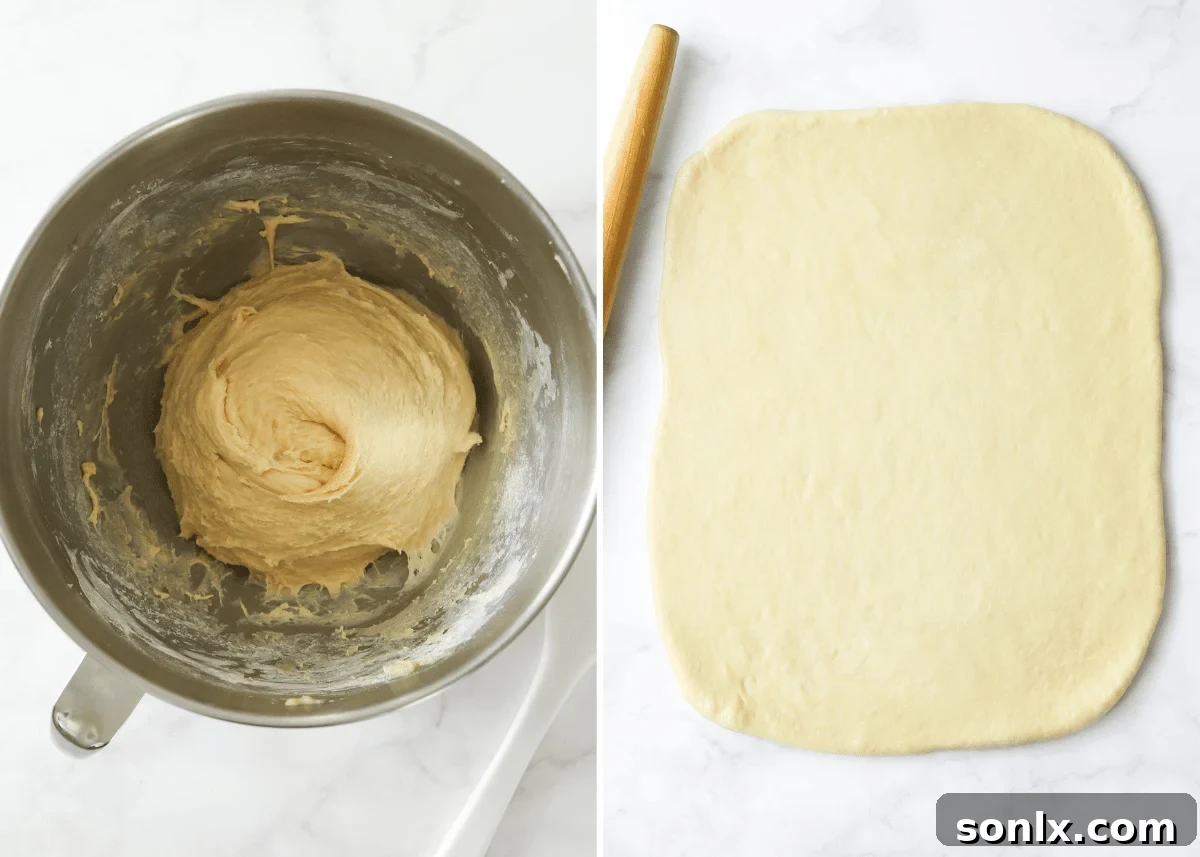 Image showing dough in a bowl during its first rise, and then the rolled out cinnamon roll dough before slicing