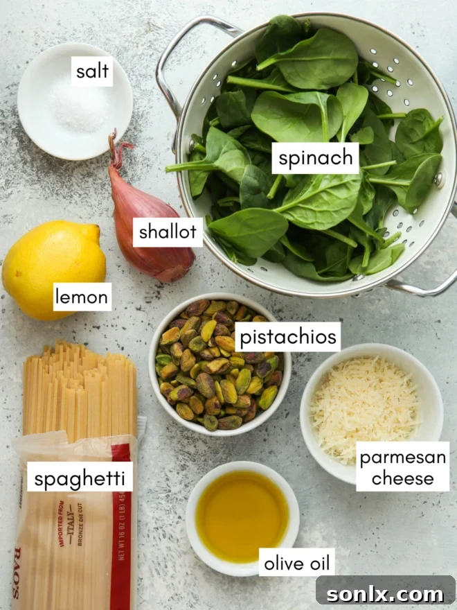 All the fresh ingredients for lemon pistachio pasta measured out and ready for preparation.