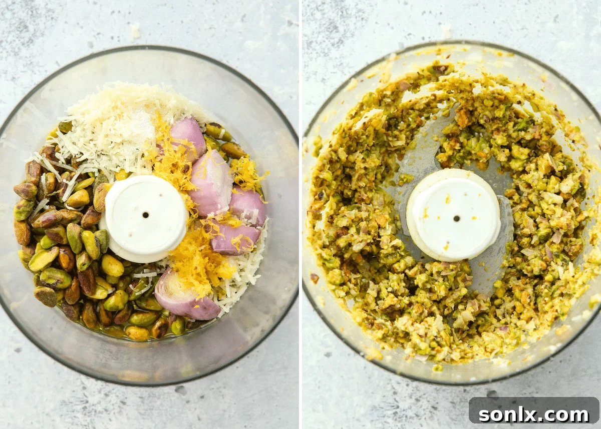 Making a vibrant lemon pistachio "pesto" in a food processor.