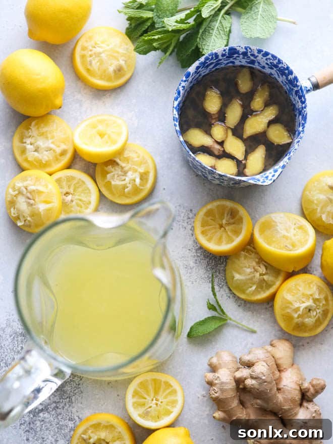 Citrus Zing with a Ginger Kick 3 Hands preparing ginger simple syrup in a saucepan, showing sliced ginger infusing in the liquid, a key step in making homemade ginger lemonade