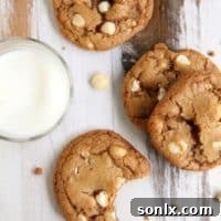 Toffee White Chocolate Macadamia Nut Cookies recipe card image