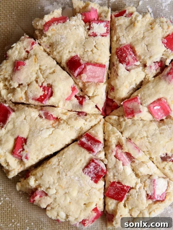Close-up of Rhubarb Vanilla Bean Scones, showing the tender crumb and rhubarb pieces peeking out, with a delicate glaze drizzle.
