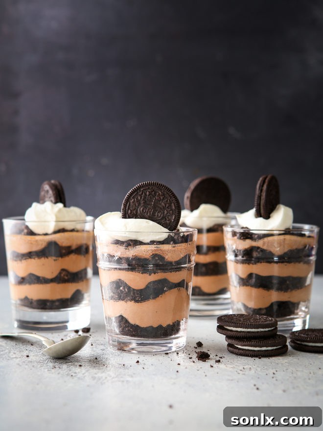 Decadent chocolate Oreo parfaits made with just 3 simple ingredients