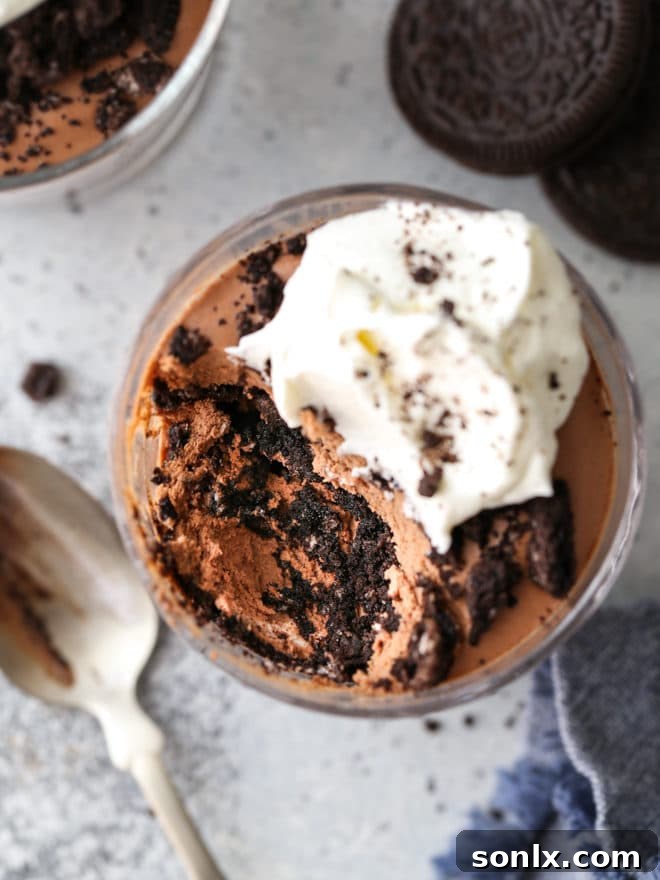 Enjoying a glass of simple and decadent chocolate Oreo parfait