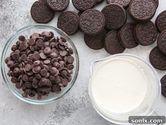 The three essential ingredients for chocolate Oreo parfaits displayed