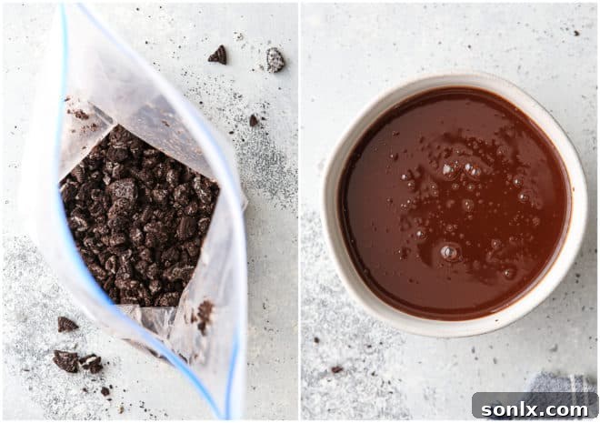 Close-up of crushing cookies and melting chocolate, key steps for the parfaits