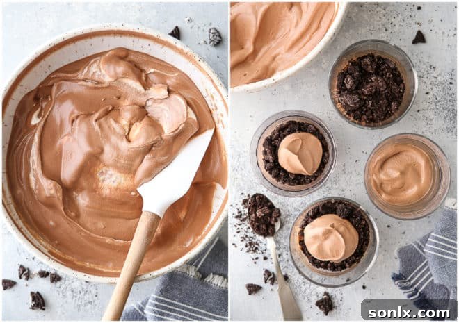 The final step of assembling chocolate Oreo parfaits with layers of cream and cookies