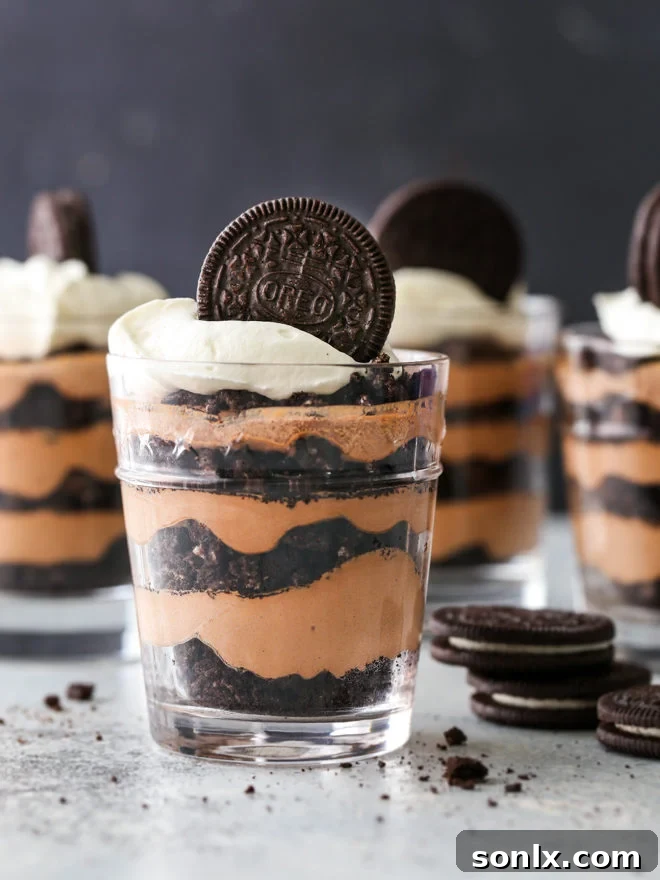 A stunning close-up of a finished chocolate Oreo parfait, ready to be enjoyed