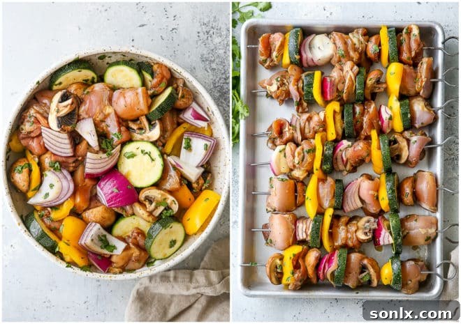 Detailed process showing marinated chicken and vegetables being threaded onto metal skewers before grilling
