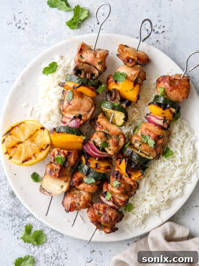 Beautifully plated grilled lemon-cilantro chicken and vegetable skewers served with a side of fluffy steamed rice, garnished with fresh cilantro