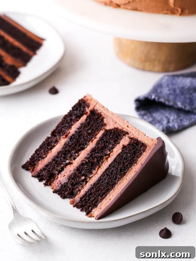 slice of rich chocolate fudge cake on a white plate, showing layers of cake, frosting, and ganache