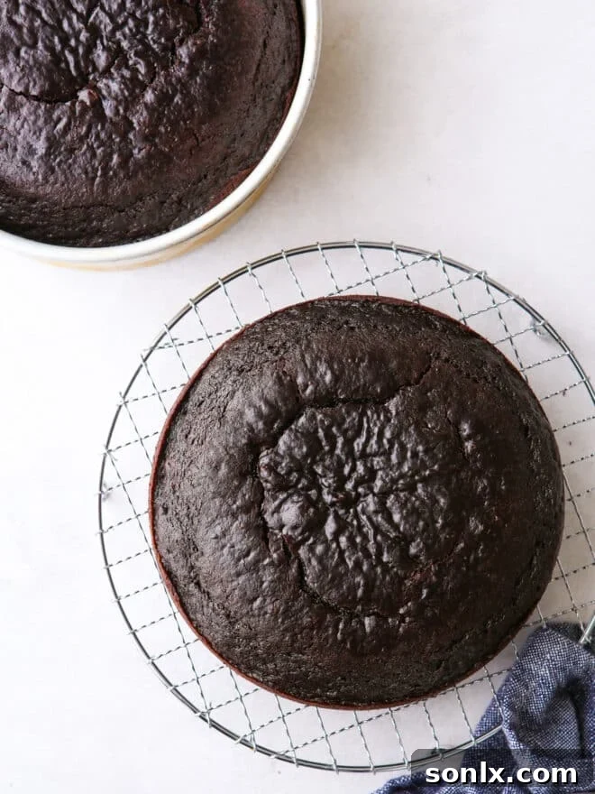 dark chocolate cake layers cooling on a wire rack