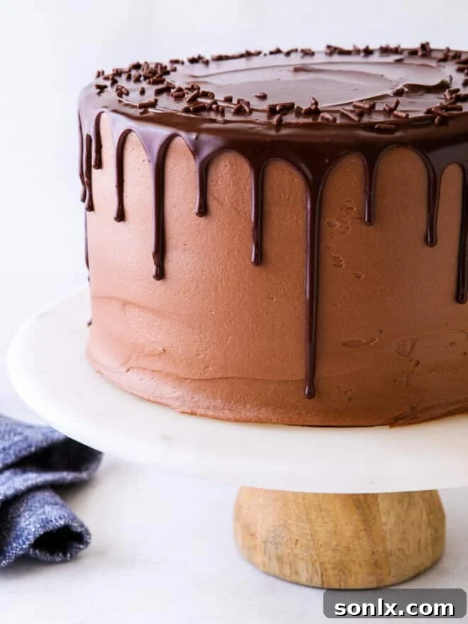 closeup of chocolate fudge cake on cake stand, with chocolate ganache dripping down the sides