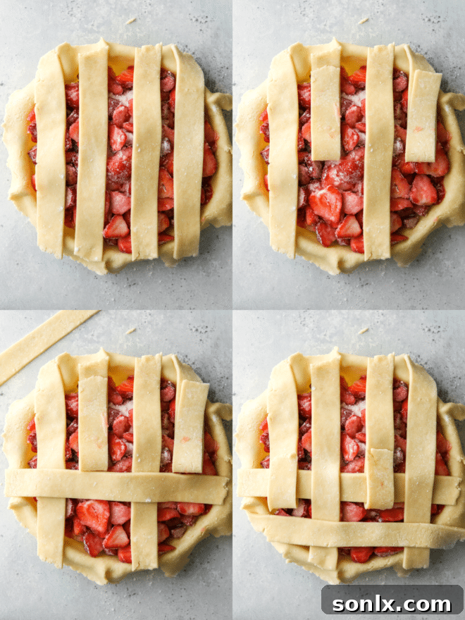 Initial vertical strips laid on pie for lattice crust, preparing to weave