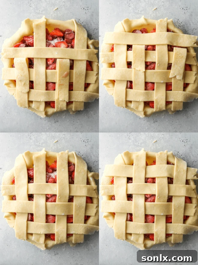 Completed lattice weave on a fruit pie, ready for trimming