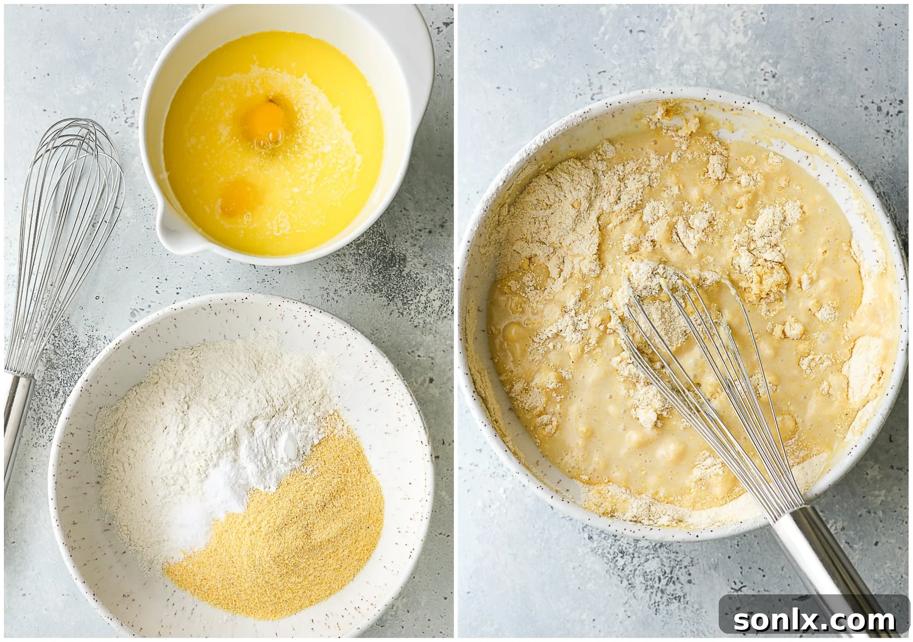 A bowl containing mixed dry ingredients for honey buttermilk cornbread, being whisked together by hand.
