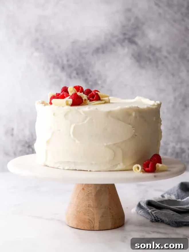 Full view of the elegantly assembled Raspberry White Chocolate Cake on an ornate cake stand