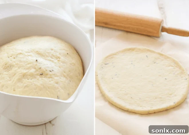Homemade pizza dough in a bowl and then expertly rolled out on a counter, ready for par-baking.