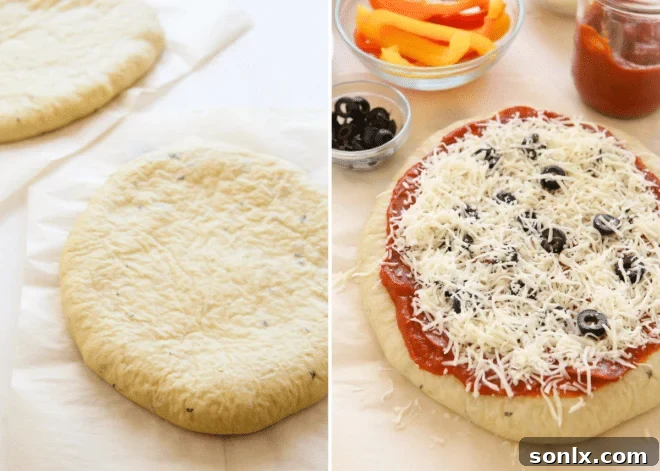 Par-baked pizza dough, one plain and one with sauce and cheese, demonstrating the partial baking step.