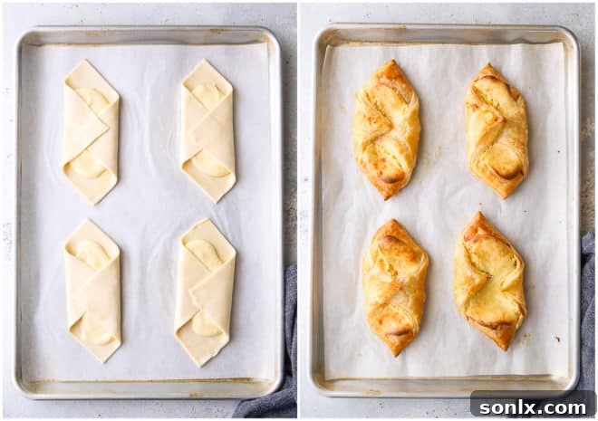 A visual comparison of cream cheese Danishes before and after baking, showing the transformation from raw dough to puffed golden pastries.