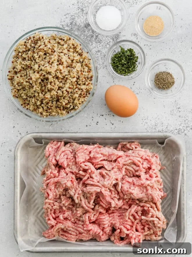 All essential ingredients for making pork quinoa meatballs, neatly measured and laid out on a kitchen counter.