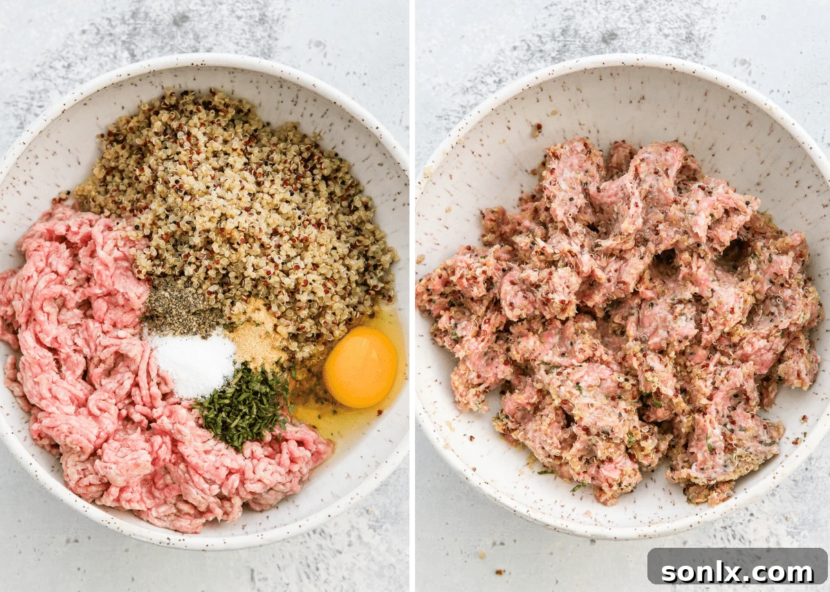 Close-up of a hand wearing a disposable glove mixing ground pork, quinoa, egg, and spices in a large bowl.