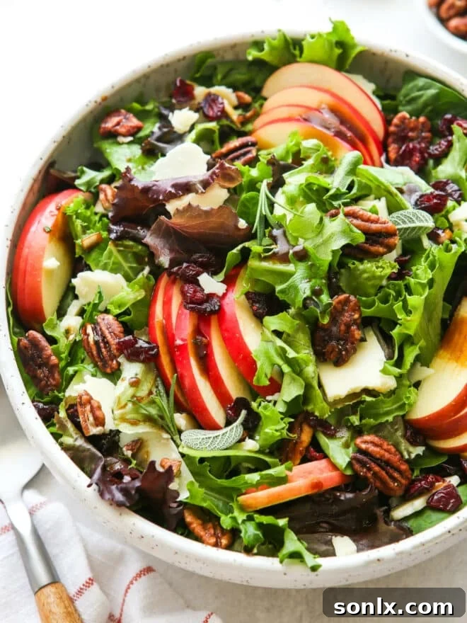 closeup of fall apple salad with serving spoon