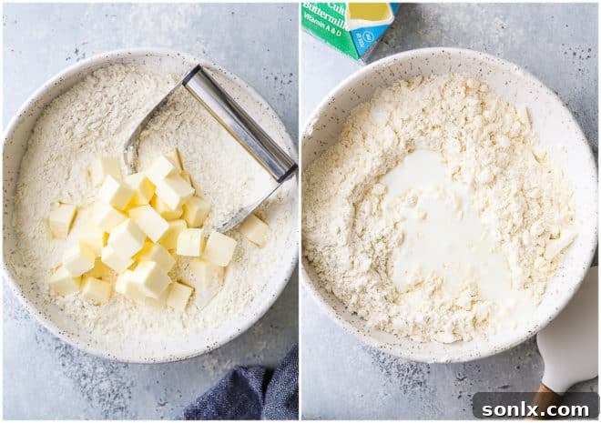 A baker's hands gently adding cubed cold butter and pouring cold buttermilk into a bowl of dry ingredients for pie crust.
