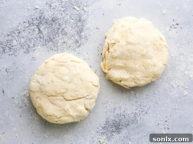 Two perfectly shaped buttermilk pie crust disks, tightly wrapped in plastic wrap, waiting to be chilled or frozen for future baking projects.