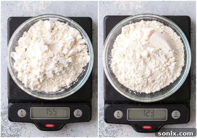 flour on a scale - measured correctly and measured incorrectly