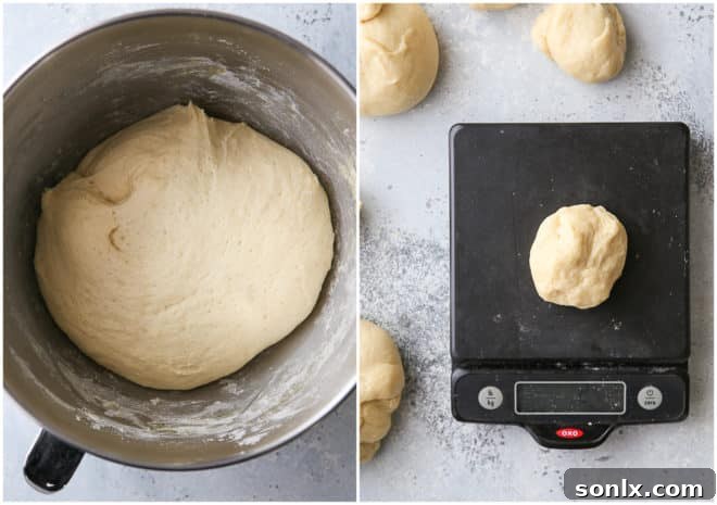 risen dough and portioned dough on scale