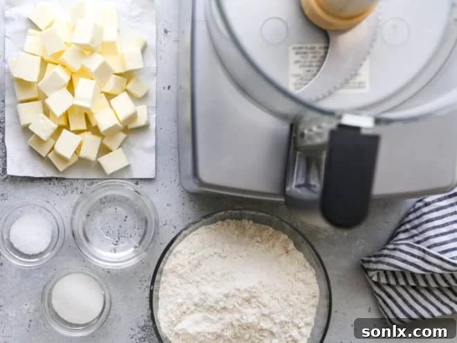 Ingredients for pie crust including flour, butter, salt, and sugar, laid out next to a food processor.