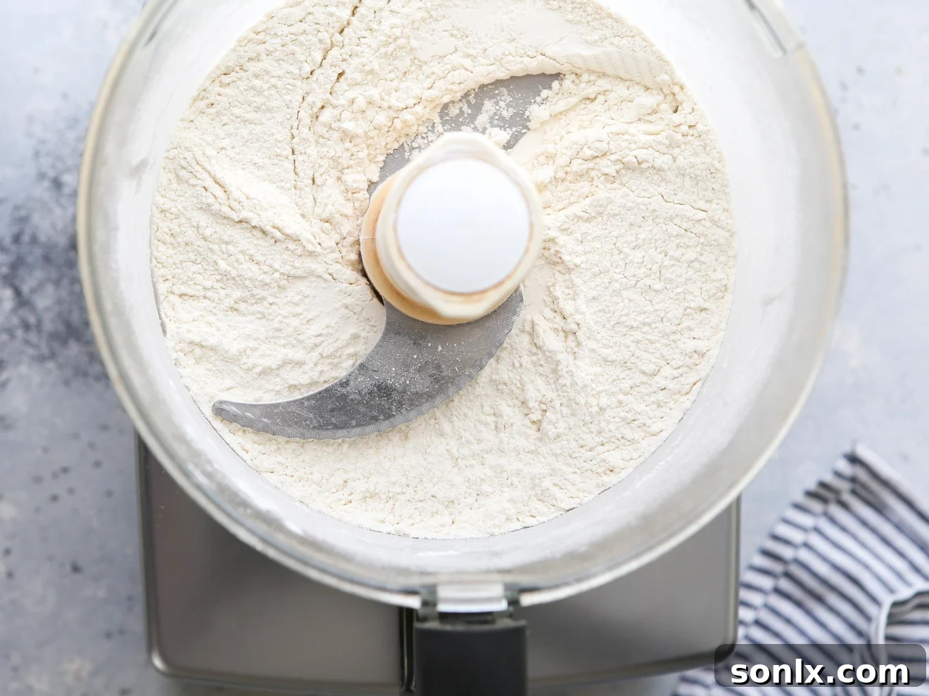 Dry ingredients (flour, sugar, salt) inside a food processor bowl.