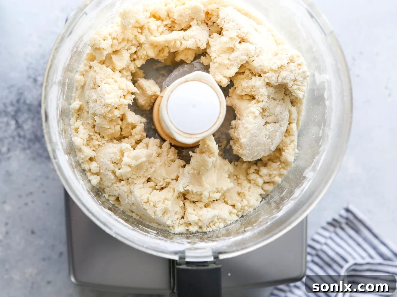 Pie crust mixture inside the food processor, starting to clump together but not forming a ball.